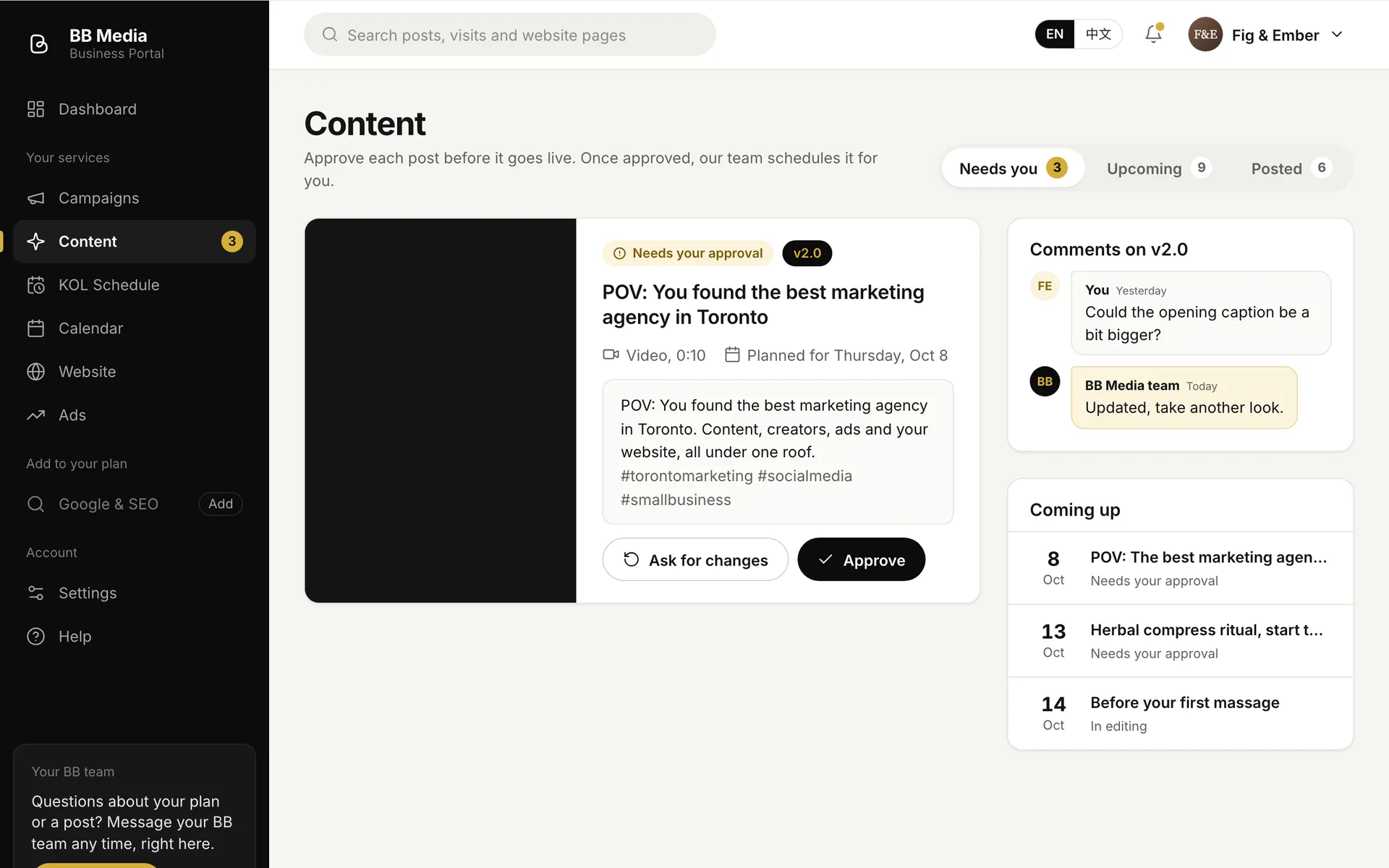 Content page of the BB Media Business Portal for a demo spa: a video waiting for approval with Approve and Ask for changes buttons, and a comment thread on version 2.0