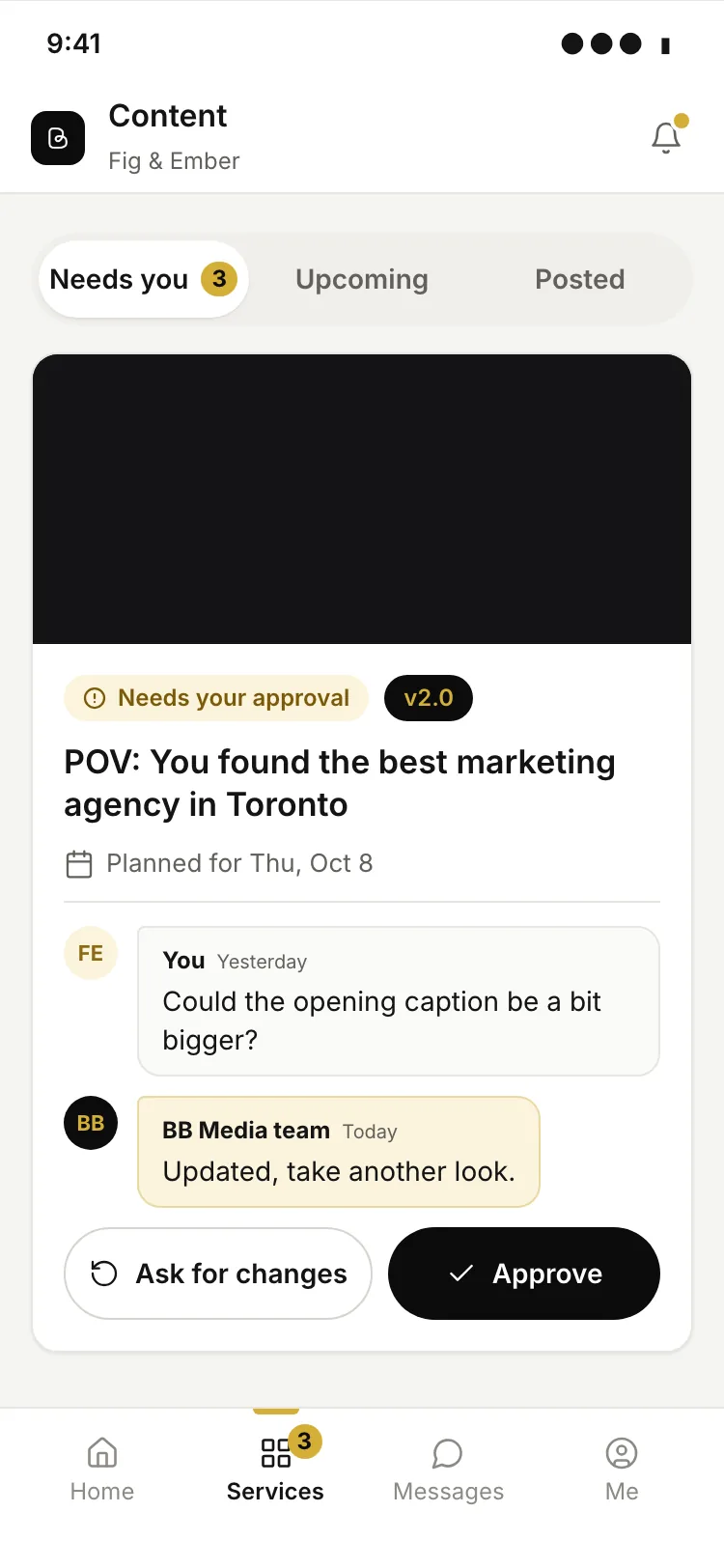 The same content approval on a phone, with the video, the comment thread and large Approve and Ask for changes buttons